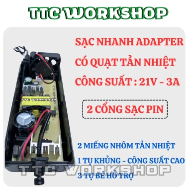 Sạc nhanh 21V 3A có quạt tản nhiệt - Adapter 2 cổng ADT cho pin 10,15,20 cell 3