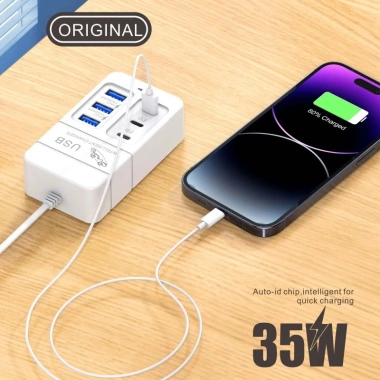 Sạc nhanh 6 cổng PD 3.0, cáp mở rộng 100cm, điện áp kép, bảo vệ đa năng USB Trắng - chỉ 98.010 đ