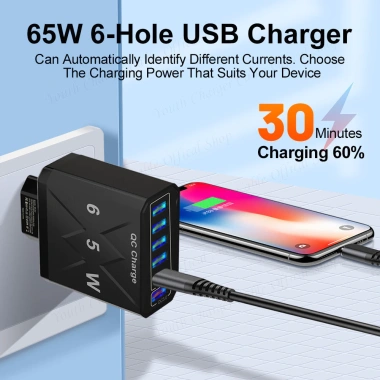 Sạc Nhanh 65W Dạ Quang 6 USB (3.1A) + QC3.0, Bộ Chuyển Đổi Du Lịch EU/Mỹ/Anh - 132.825₫