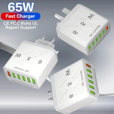Sạc Nhanh 65W Dạ Quang 6 USB (3.1A) + QC3.0, Bộ Chuyển Đổi Du Lịch EU/Mỹ/Anh - 132.825₫