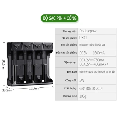 Sạc UK41 thông minh cho pin 18.650 3.7V-4.2V, 14.500, 14.650 - Giá 86.240₫ 2 Sạc UK41 thông minh cho pin 18.650 3.7V-4.2V, 14.500, 14.650 - Giá 86.240₫ 2