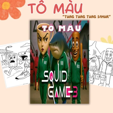 Sách tô màu Tung Tung Tung Sahur Squid Game 3 cho bé - giấy dày không lem, sáng tạo