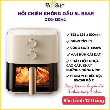 SALE Nồi chiên không dầu Bear 5L 1.500W điều chỉnh nhiệt thời gian núm cơ, BH 12 tháng - Giá chỉ 1.035.000₫