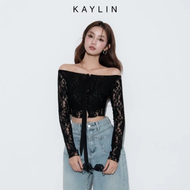 SALE SỐC Áo Croptop Kaylin lưới trễ vai tay dài nơ, thun gợi cảm - 207.000 VNĐ