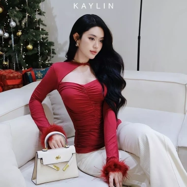 SALE SỐC Áo Kaylin hỡ ngực tay dài, lông phối, thun lụa co giãn, gợi cảm - 228k N2.188