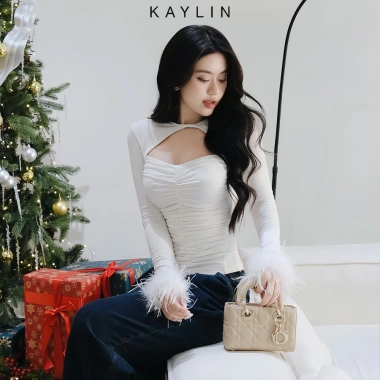 SALE SỐC Áo Kaylin hỡ ngực tay dài, lông phối, thun lụa co giãn, gợi cảm - 228k N2.188