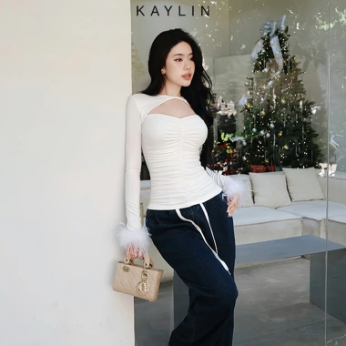 SALE SỐC Áo Kaylin hỡ ngực tay dài, lông phối, thun lụa co giãn, gợi cảm - 228k N2.188 4 SALE SỐC Áo Kaylin hỡ ngực tay dài, lông phối, thun lụa co giãn, gợi cảm - 228k N2.188 4