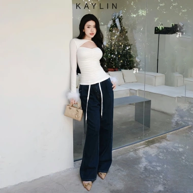 SALE SỐC Áo Kaylin hỡ ngực tay dài, lông phối, thun lụa co giãn, gợi cảm - 228k N2.188