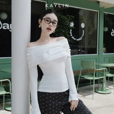 [SALE SỐC] Áo kiểu KAYLIN trễ vai đính nơ, vải thun gân cotton giãn, gợi cảm - N2.333 2