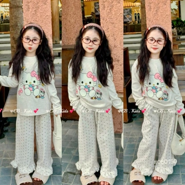 Sale Tết Set Bộ Len Tăm Họa Tiết Mèo Quần Chấm Bi Bé Gái 2.026 Sz7-24kg 89k