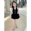 Sẵn hàng HK22 Váy đầm bí nhung đen đính nơ cổ yếm cho bé gái 7-40kg - Giá ưu đãi 299,000₫
