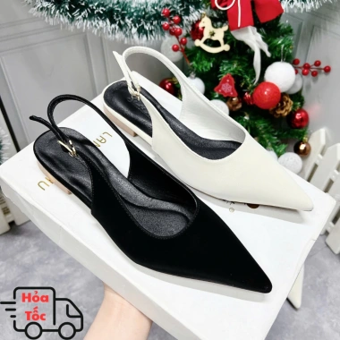 Sandal mũi nhọn đế bệt tuyết nhung, khóa cài, quai sau sang trọng - 175.000₫