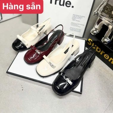 Sandal nữ cao gót 5cm vuông hở gót da bóng phối nơ đá Min - Công sở, giá chỉ 238k