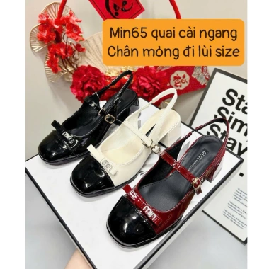 Sandal nữ cao gót 5cm vuông hở gót da bóng phối nơ đá Min - Công sở, giá chỉ 238k