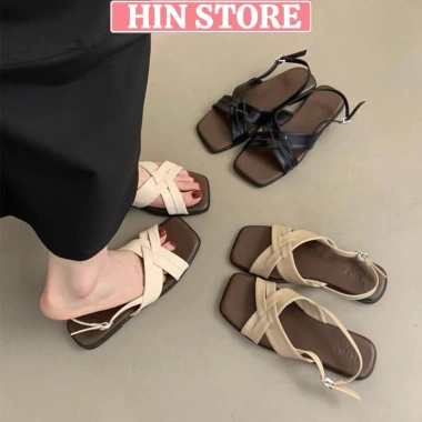 Sandal nữ quai chéo đế bệt da mềm khuy cài Hottrend Hàn Quốc, đi học và đi biển