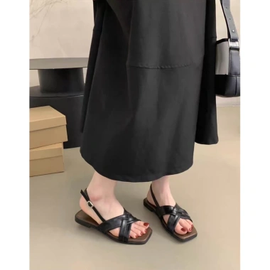 Sandal nữ quai chéo đế bệt da mềm khuy cài Hottrend Hàn Quốc, đi học và đi biển