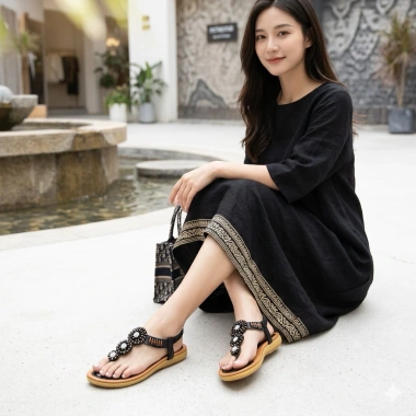Sandal xỏ ngón nữ thổ cẩm MAILIAA – Quai đính đá, đế mềm, phù hợp đi biển, giá ưu đãi 180.000 VND