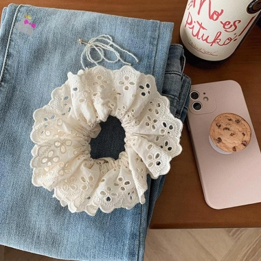 Scrunchie tóc ren cotton Pháp 2 lớp co giãn, đuôi ngựa đẹp - 1 chiếc 9
