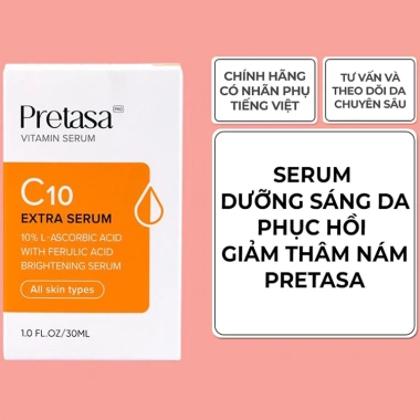 Serum Sáng Da Mờ Thâm Vitamin C PRETASA C10 Extra - KARMEL, Giá 1.45 Triệu, Dưỡng ẩm Trắng Da