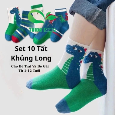 Set 10 Đôi Tất Cổ Cao Hoạ Tiết Khủng Long Kẻ Xanh Mẫu Mới Nhất - Siêu Hot, Giá Gốc 68.859₫, Giảm còn 56.442₫