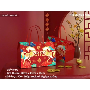 Set 10 hộp giấy đựng bánh dứa, bánh kẹo Tết song mã Phát Lộc size Trung