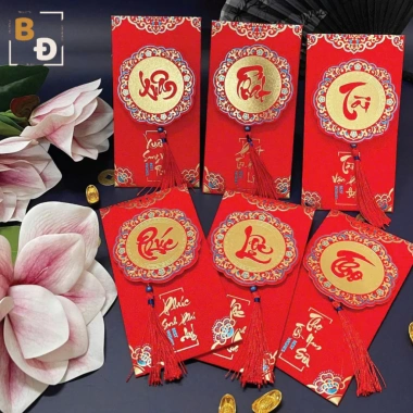 Set 10 lì xì năm mới Tết 2.026 Bính Ngọ - Bao lì xì đỏ 3D chữ thư pháp Xuân Phát Tài Phúc Lộc Thọ, 19.000₫
