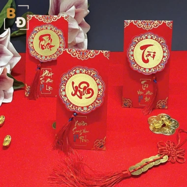 Set 10 lì xì năm mới Tết 2.026 Bính Ngọ - Bao lì xì đỏ 3D chữ thư pháp Xuân Phát Tài Phúc Lộc Thọ, 19.000₫