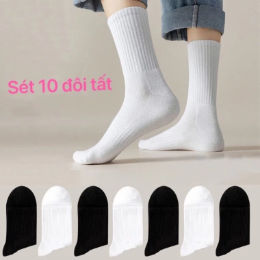 Sét 10 Tất vớ nam nữ cổ cao trung cổ, trắng đen, cotton dệt kim, giá chỉ 28.000 VND