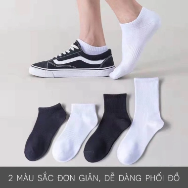 Sét 10 Tất vớ nam nữ cổ cao trung cổ, trắng đen, cotton dệt kim, giá chỉ 28.000 VND