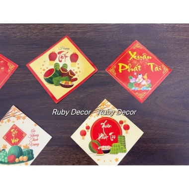 Set 10 tem chữ Tết Xuân Phát Tài Vạn Sự Như Ý 6x6cm dán bánh chưng, pháo giấy, 19.000đ 3