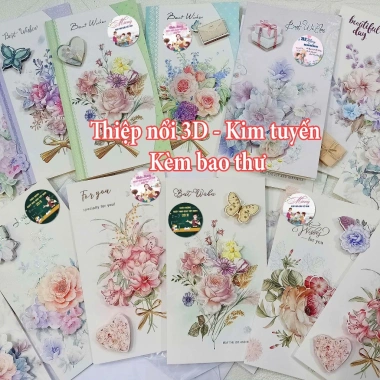Set 10 thiệp chúc mừng 3D in nổi kim tuyến và phong bì, 20/11, 8/3, Valentine - 24.500₫