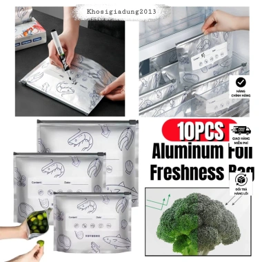 Set 10 Túi Giữ Tươi Khóa Kéo Lá Nhôm Dày Dặn Tái Sử Dụng Bảo Quản Thực Phẩm Tủ Đông