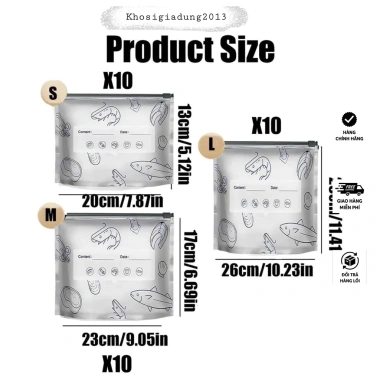 Set 10 Túi Giữ Tươi Khóa Kéo Lá Nhôm Dày Dặn Tái Sử Dụng Bảo Quản Thực Phẩm Tủ Đông