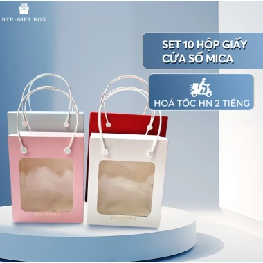 Set 10 Túi Hộp Giấy Mặt Kính Mica Quai Nhựa Chắc Chắn – Quà Tết, Valentine, Sinh Nhật Giá Ưu Đãi