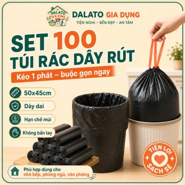 Set 100 Túi Đựng Rác Dây Rút Dalong 50x45cm Dày Dai, Quai Nhựa - Giá 25.000 VNĐ