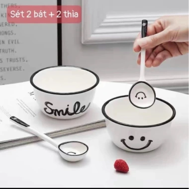 Set 2 Bát Ăn Cơm Sứ Mặt Cười Smile Cute - Thiết Kế Đáng Yêu, Giá Chỉ 38.000₫