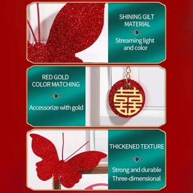 Set 2 cánh bướm đỏ kim tuyến + tag hỷ - Trang trí phòng cưới, lễ tết, hộp quà tặng, giá chỉ 6.800₫