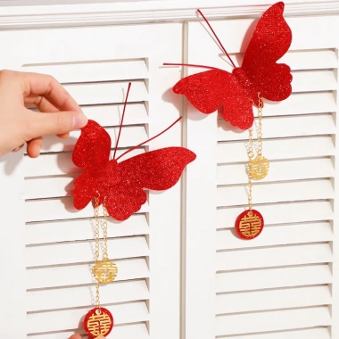 Set 2 cánh bướm đỏ kim tuyến + tag hỷ - Trang trí phòng cưới, lễ tết, hộp quà tặng, giá chỉ 6.800₫