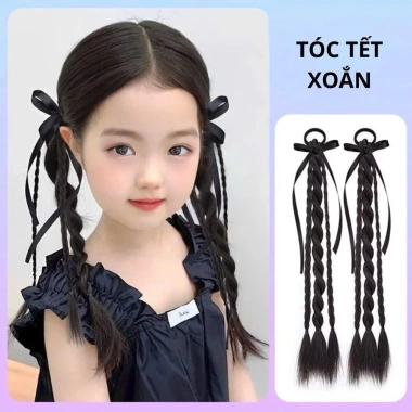 Set 2 Chiếc Tóc Giả Nơ Xoắn Mix và Ruy Băng 35cm Phong Cách Hàn Quốc Cho Bé Gái