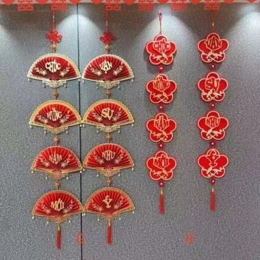 Set 2 dây quạt câu đối treo Tết May Mắn Đón Năm Mới Dải quạt vàng 90cm decor tài lộc giá 88.000₫