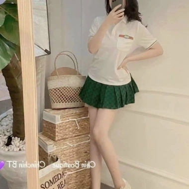 Set 2 món áo tag ngực cộc cổ bẻ + chân váy xinh cá tính - Giá chỉ 138.000 VND