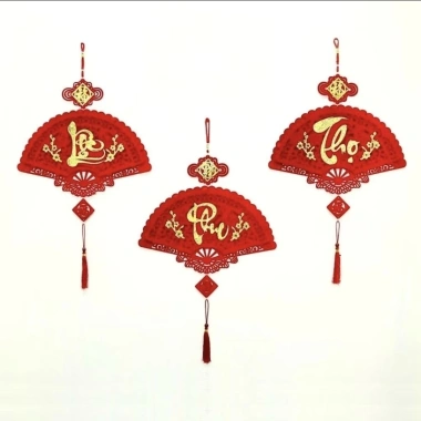 Set 3 Khánh Quạt Phúc Lộc Thọ Tết 45cm - Dây Treo Nhung Đỏ - Trang Trí Năm Mới 31.000
