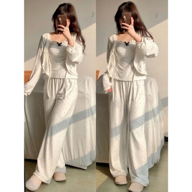 Sét 3 Món Mặc Nhà Họa Tiết Chấm Bi Phối Nơ Xinh - Mẫu Mới 2.025 Giá 250k