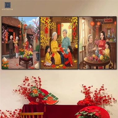 Set 3 Tranh Dán Tường Đón Xuân 2.026 - Trang Trí Tết Nhà Hàng, Khách Sạn, Giá 135k