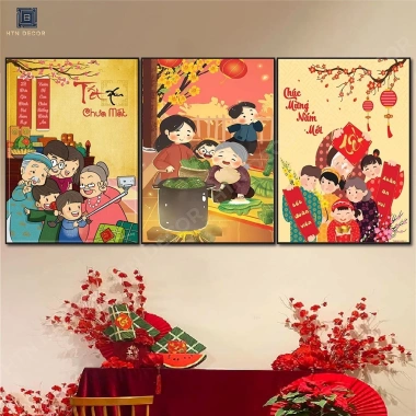 Set 3 Tranh Dán Tường Đón Xuân 2.026 - Trang Trí Tết Nhà Hàng, Khách Sạn, Giá 135k