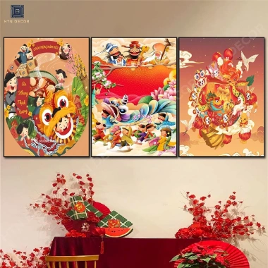 Set 3 Tranh Dán Tường Đón Xuân 2.026 - Trang Trí Tết Nhà Hàng, Khách Sạn, Giá 135k