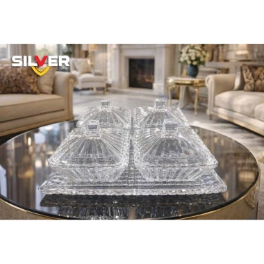 Set 4 Hũ Mứt Tết, Bánh Kẹo kèm Khay Thủy Tinh Cao Cấp Vân Caro Siêu Bắt Sáng - Sliver Full Box 3