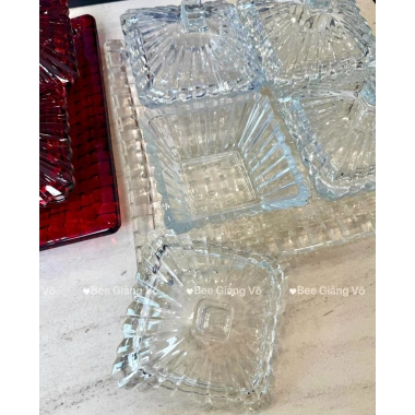 Set 4 Hũ Mứt Tết, Bánh Kẹo kèm Khay Thủy Tinh Cao Cấp Vân Caro Siêu Bắt Sáng - Sliver Full Box 9