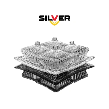 Set 4 Hũ Mứt Tết, Bánh Kẹo kèm Khay Thủy Tinh Cao Cấp Vân Caro Siêu Bắt Sáng - Sliver Full Box 10