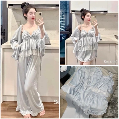 Set 4 món mặc nhà chất lụa phối ren đa kiểu ngắn dài, kèm mút - Giá chỉ 241k